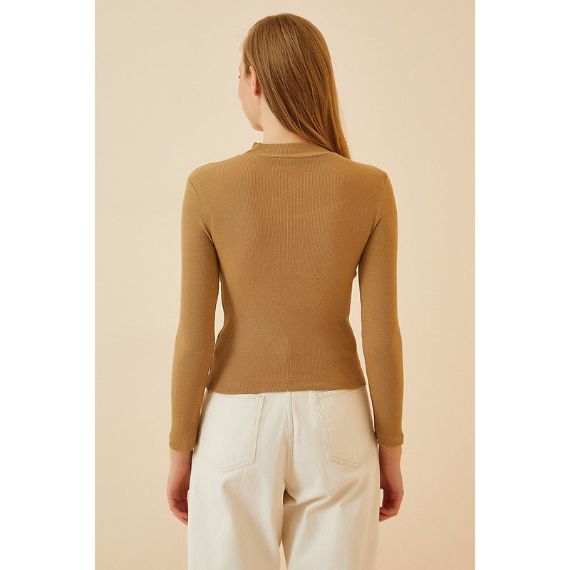 Beige Cut Out Detailed Ribbed Knitted Blouse | Montivo Pakistan