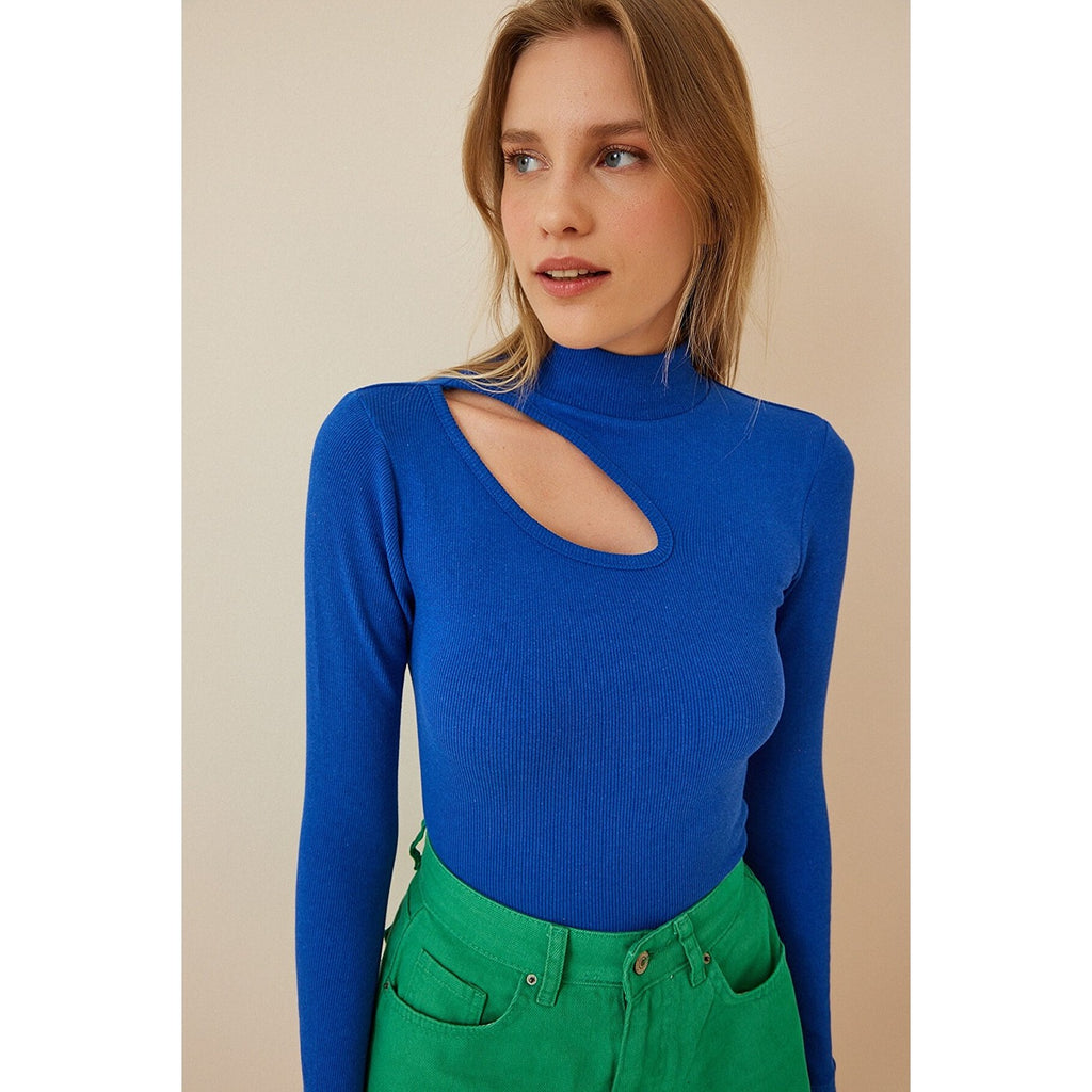 Blue Cut Out Detailed Ribbed Knitted Blouse | Montivo Pakistan