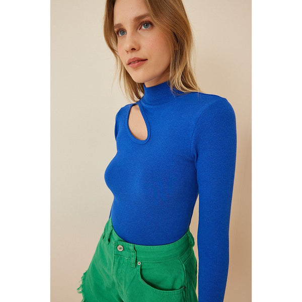 Blue Cut Out Detailed Ribbed Knitted Blouse | Montivo Pakistan