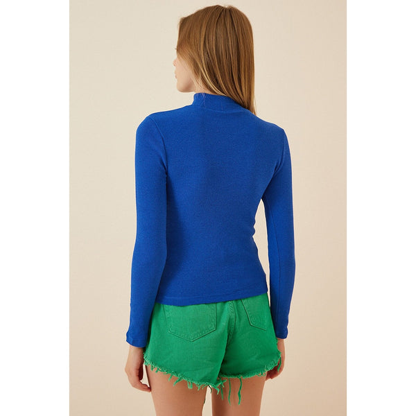 Blue Cut Out Detailed Ribbed Knitted Blouse | Montivo Pakistan