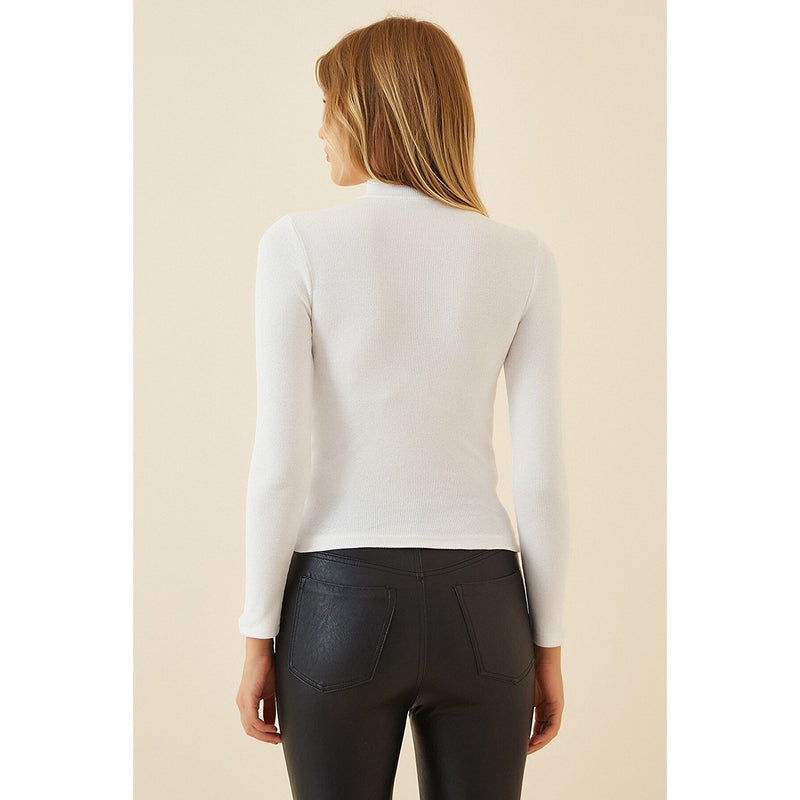 White Cut Out Detailed Ribbed Knitted Blouse | Montivo Pakistan