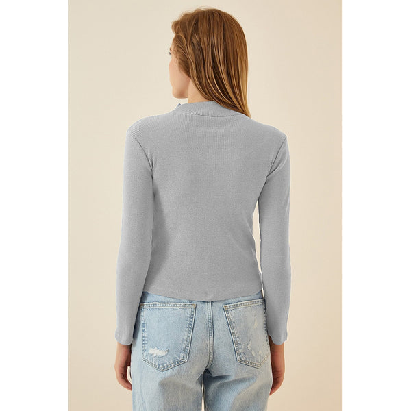 Grey Cut Out Detailed Ribbed Knitted Blouse | Montivo Pakistan
