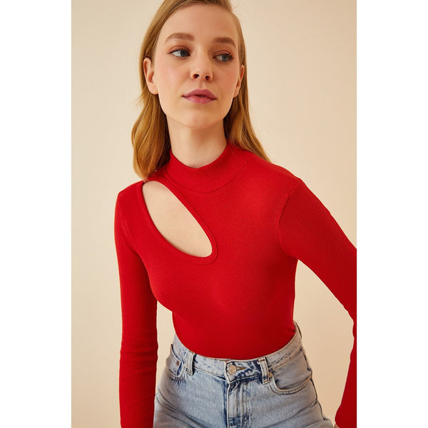 Red Cut Out Detailed Ribbed Knitted Blouse | Montivo Pakistan