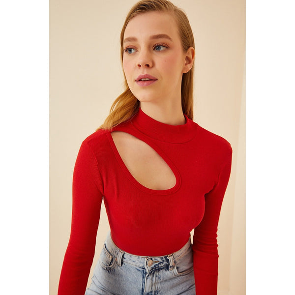 Red Cut Out Detailed Ribbed Knitted Blouse | Montivo Pakistan