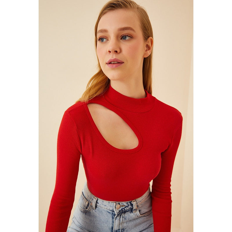 Red Cut Out Detailed Ribbed Knitted Blouse | Montivo Pakistan