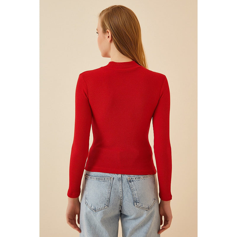 Red Cut Out Detailed Ribbed Knitted Blouse | Montivo Pakistan