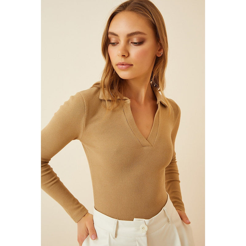 Beige Polo Corduroy Knitted Blouse | Montivo Pakistan