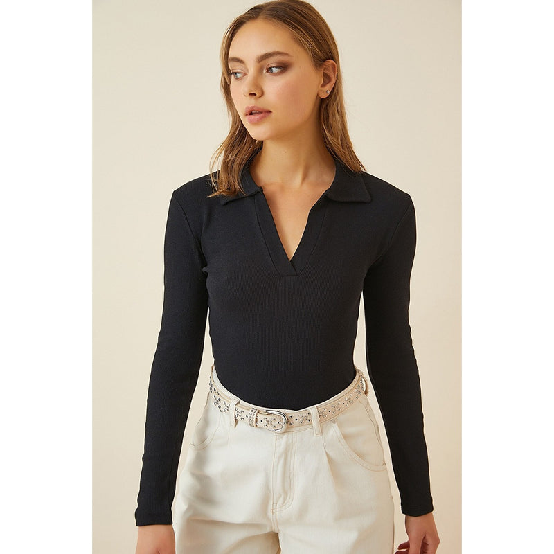 Black Polo Corduroy Knitted Blouse | Montivo Pakistan