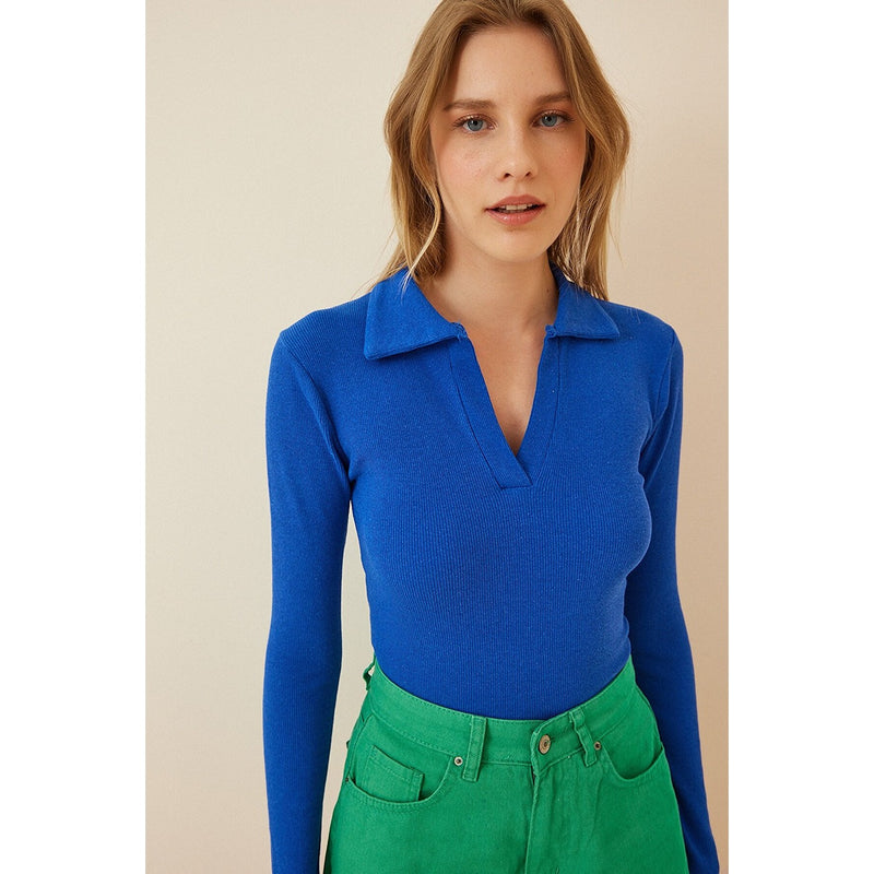 Blue Polo Corduroy Knitted Blouse | Montivo Pakistan