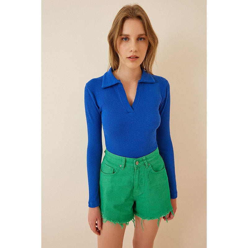 Blue Polo Corduroy Knitted Blouse | Montivo Pakistan