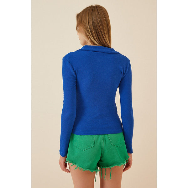 Blue Polo Corduroy Knitted Blouse | Montivo Pakistan