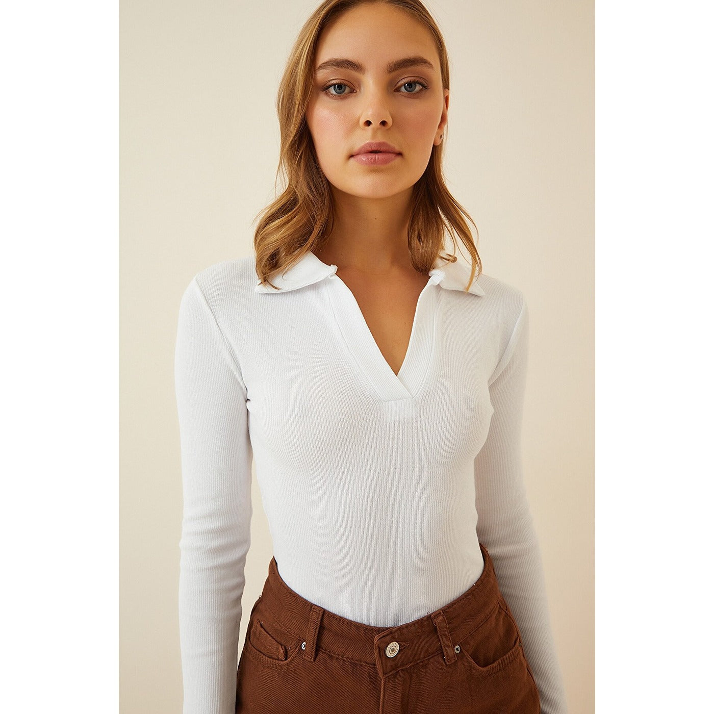 White Polo Corduroy Knitted Blouse | Montivo Pakistan