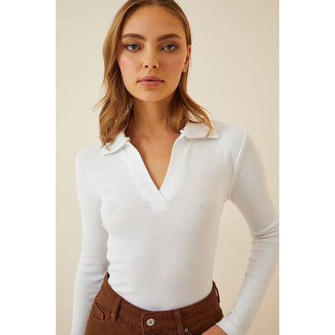 White Polo Corduroy Knitted Blouse | Montivo Pakistan