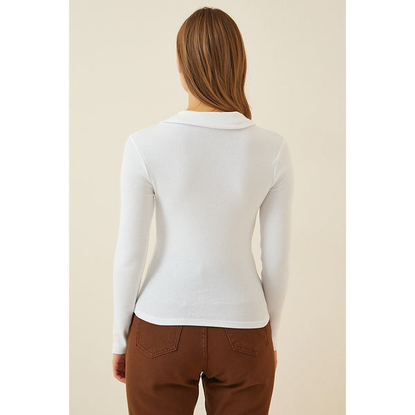 White Polo Corduroy Knitted Blouse | Montivo Pakistan