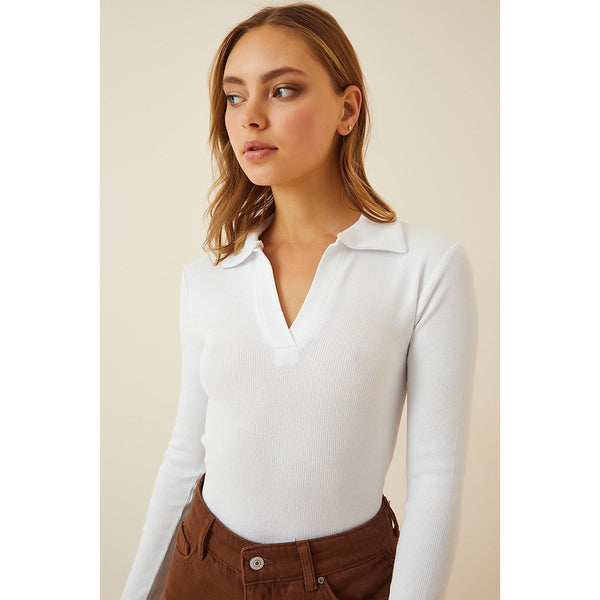 White Polo Corduroy Knitted Blouse | Montivo Pakistan