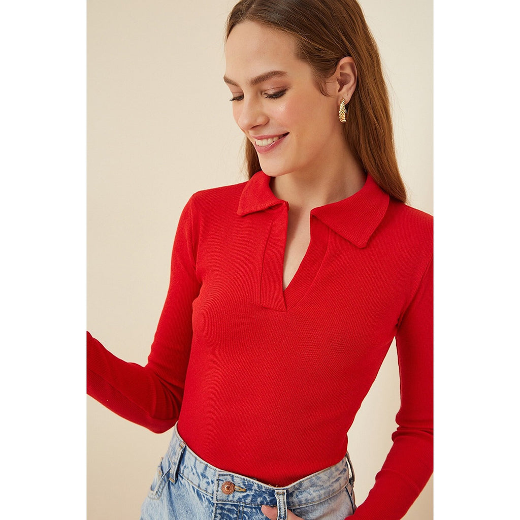 Red Polo Corduroy Knitted Blouse | Montivo Pakistan