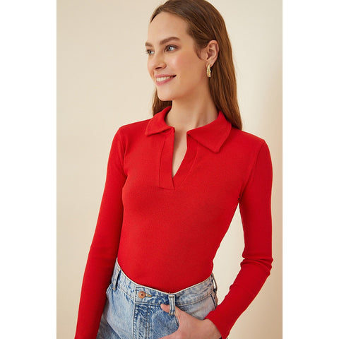 Red Polo Corduroy Knitted Blouse | Montivo Pakistan