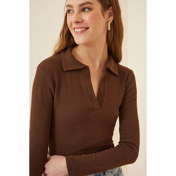 Brown Polo Corduroy Knitted Blouse | Montivo Pakistan
