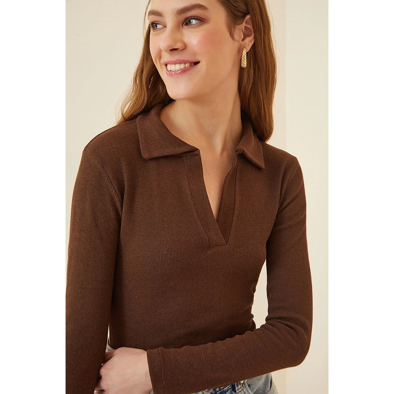 Brown Polo Corduroy Knitted Blouse | Montivo Pakistan