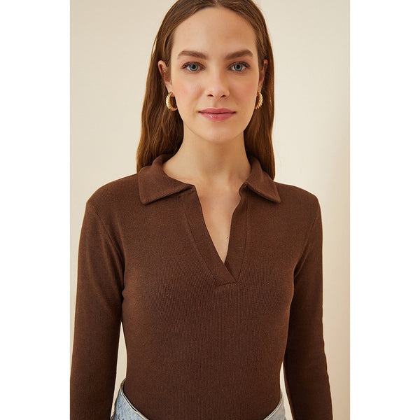 Brown Polo Corduroy Knitted Blouse | Montivo Pakistan