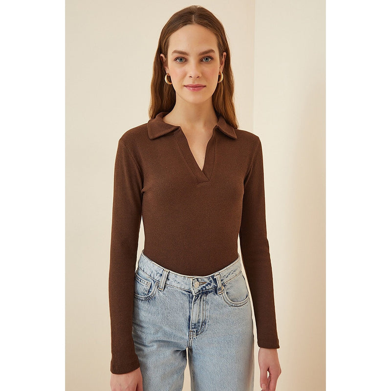 Brown Polo Corduroy Knitted Blouse | Montivo Pakistan