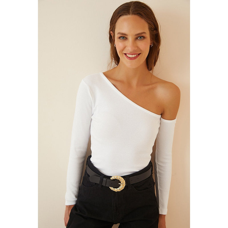 White Open Shoulder Ribbed Knitted Blouse | Montivo Pakistan
