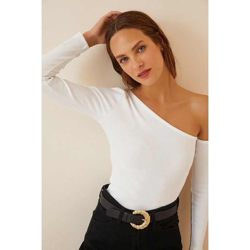 White Open Shoulder Ribbed Knitted Blouse | Montivo Pakistan