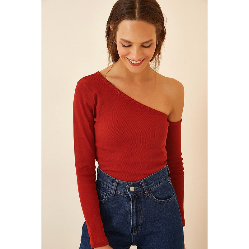 Red Open Shoulder Ribbed Knitted Blouse | Montivo Pakistan