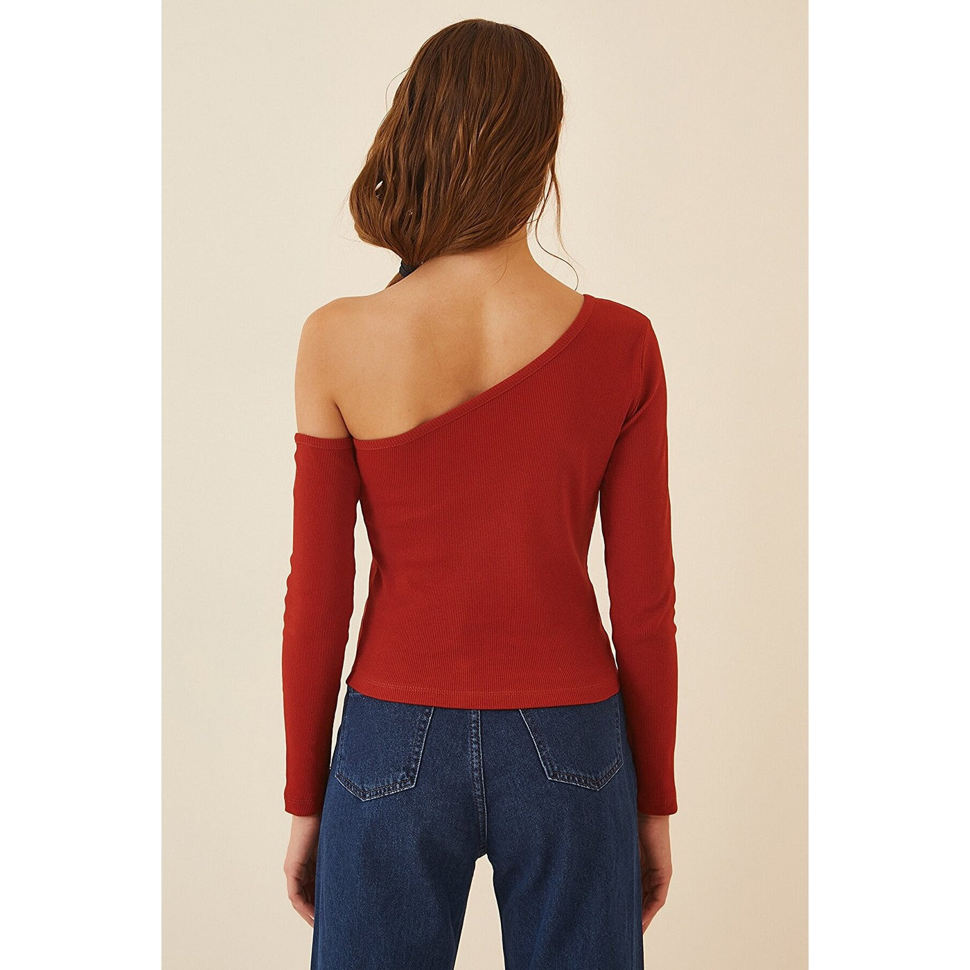 Red Open Shoulder Ribbed Knitted Blouse | Montivo Pakistan