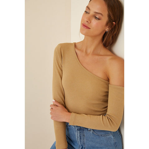 Beige Open Shoulder Ribbed Knitted Blouse | Montivo Pakistan