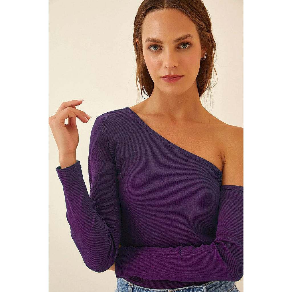 Purple Open Shoulder Ribbed Knitted Blouse | Montivo Pakistan