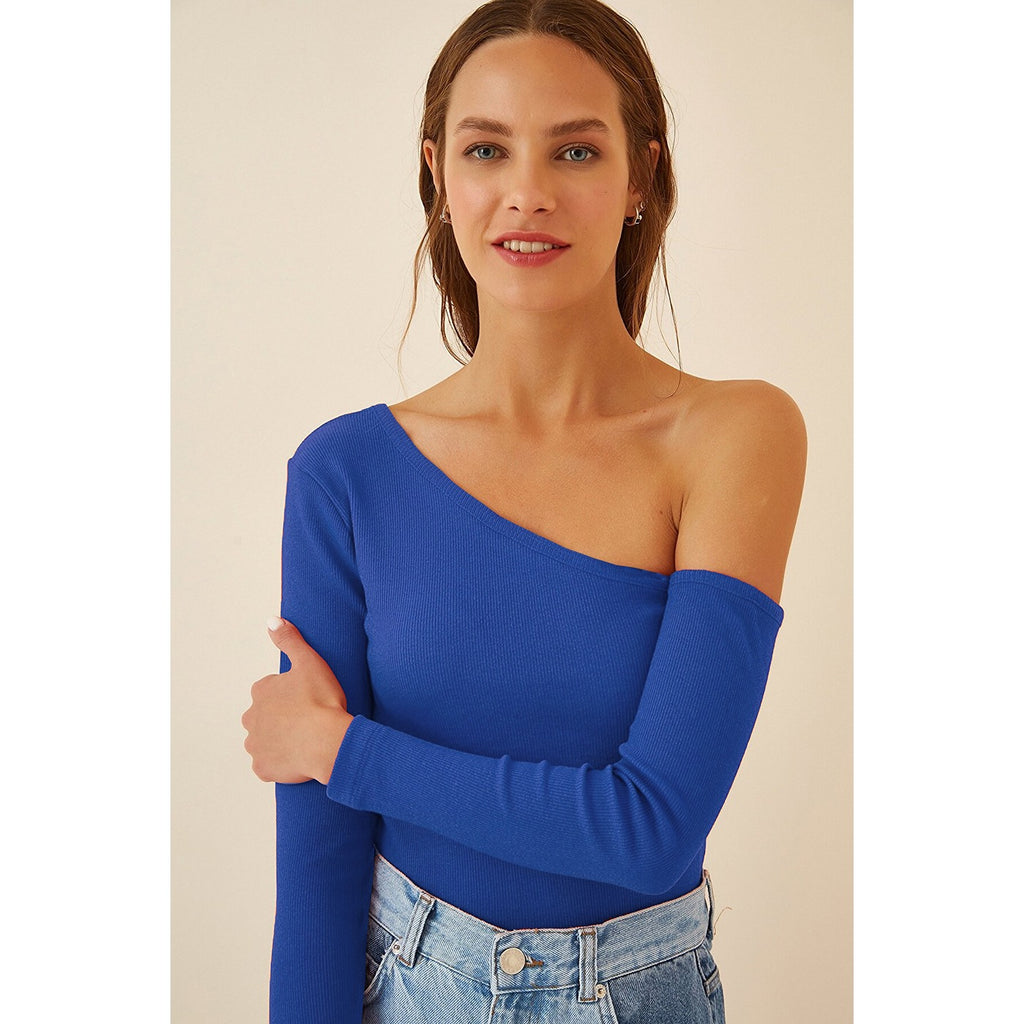 Blue Open Shoulder Ribbed Knitted Blouse | Montivo Pakistan