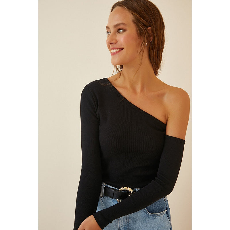 Black Open Shoulder Ribbed Knitted Blouse | Montivo Pakistan