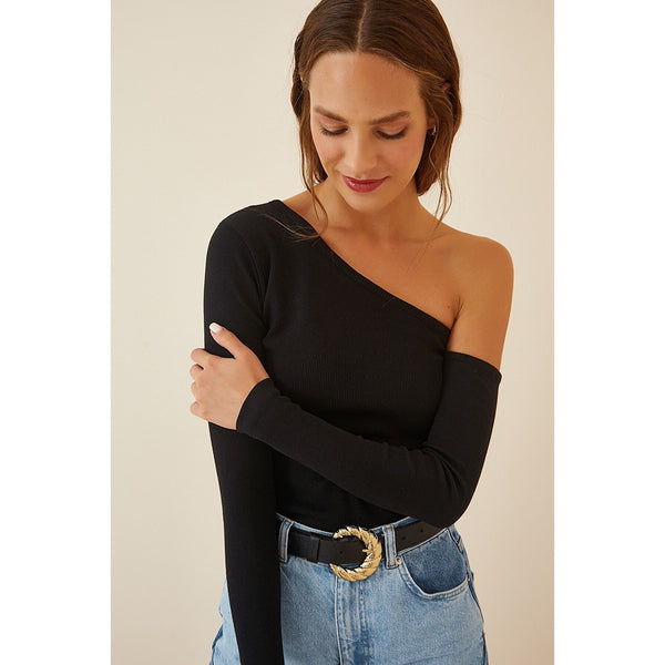 Black Open Shoulder Ribbed Knitted Blouse | Montivo Pakistan