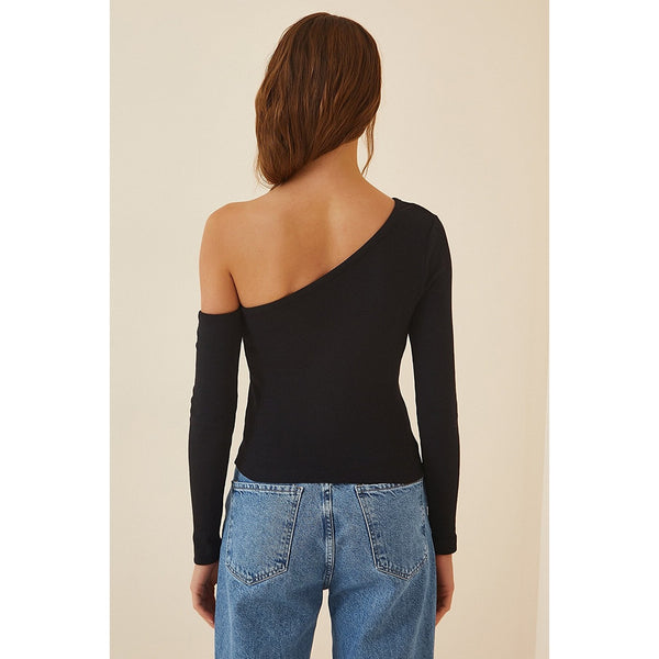 Black Open Shoulder Ribbed Knitted Blouse | Montivo Pakistan
