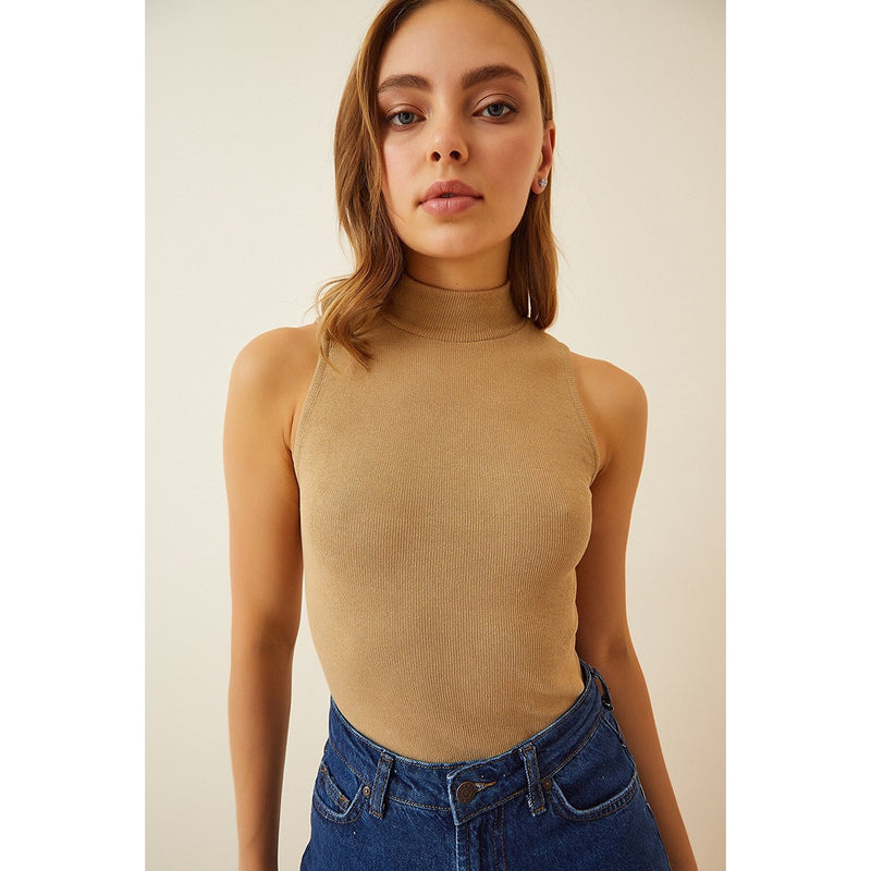 Beige Turtleneck Cotton Knitted Blouse | Montivo Pakistan
