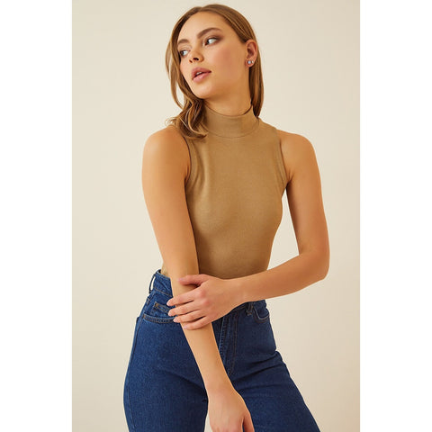 Beige Turtleneck Cotton Knitted Blouse | Montivo Pakistan