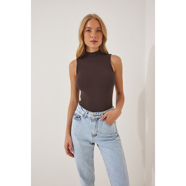 Brown Turtleneck Cotton Knitted Blouse | Montivo Pakistan