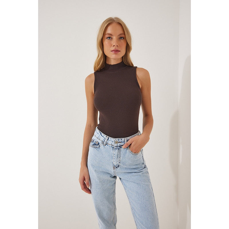 Brown Turtleneck Cotton Knitted Blouse | Montivo Pakistan