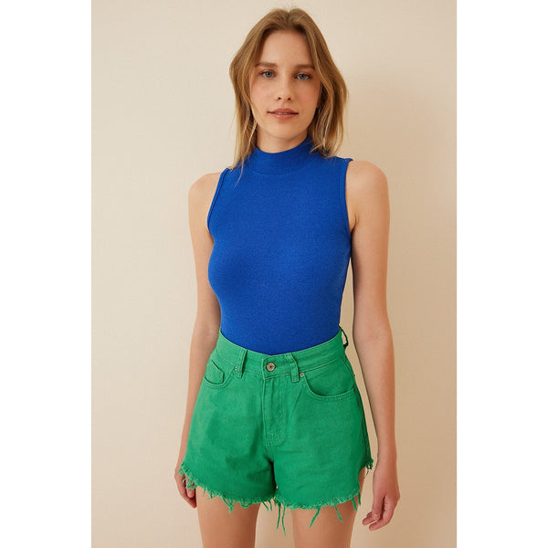 Blue Turtleneck Cotton Knitted Blouse | Montivo Pakistan