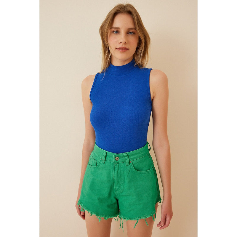 Blue Turtleneck Cotton Knitted Blouse | Montivo Pakistan