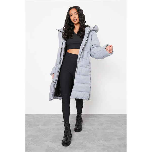 Grey Petite Longline Padded Hooded Jacket | Montivo Pakistan