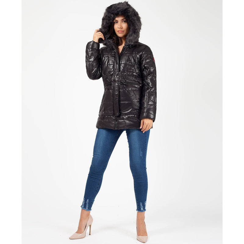 Faux Fur Hood Badge Sleeve Quilted Jacket | Montivo Pakistan