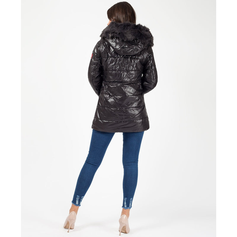 Faux Fur Hood Badge Sleeve Quilted Jacket | Montivo Pakistan