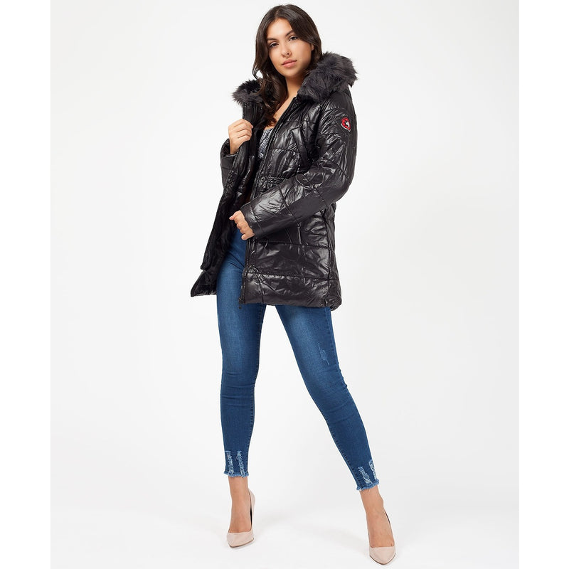 Faux Fur Hood Badge Sleeve Quilted Jacket | Montivo Pakistan