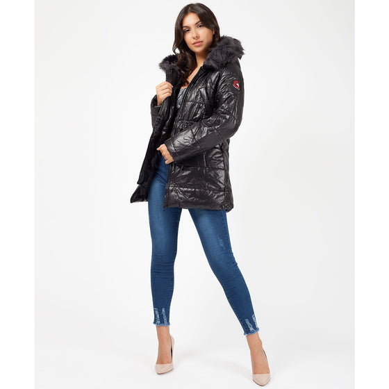 Faux Fur Hood Badge Sleeve Quilted Jacket | Montivo Pakistan