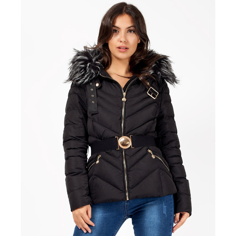 Quilted Faux Fur Hood Belted Bubble Puffer Jacket | Montivo Pakistan