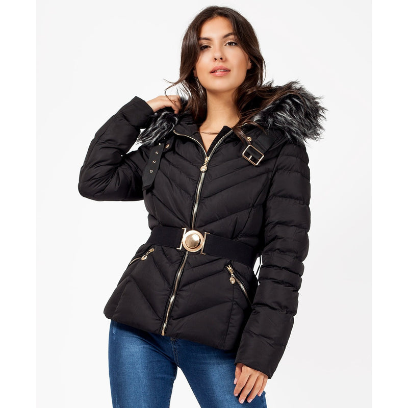 Quilted Faux Fur Hood Belted Bubble Puffer Jacket | Montivo Pakistan