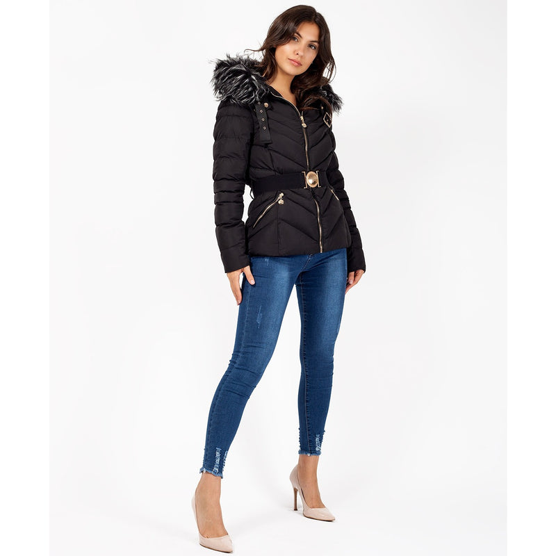 Quilted Faux Fur Hood Belted Bubble Puffer Jacket | Montivo Pakistan