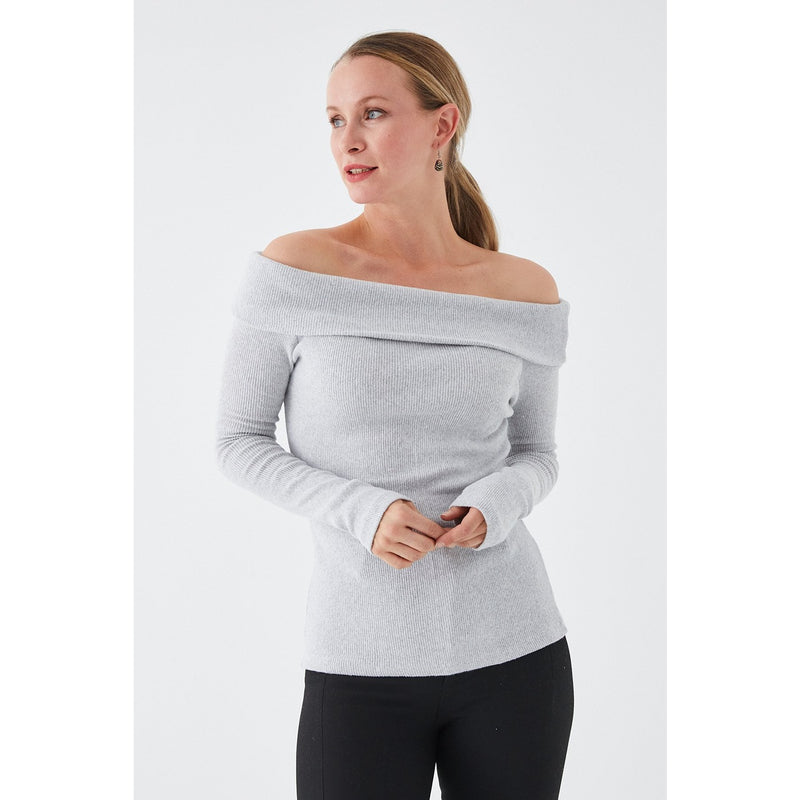 Grey Plunging Collar Corduroy Blouse | Montivo Pakistan